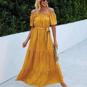 🎀Host Pick!🎀 Ladies Boho Yellow w/White Polka Dot Maxi Dress